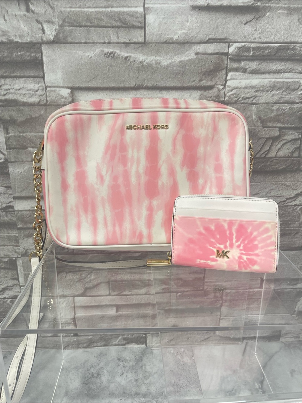 Michael Kors Large EW Crossbody Bag & Wallet Set Pink & White Shell Pink